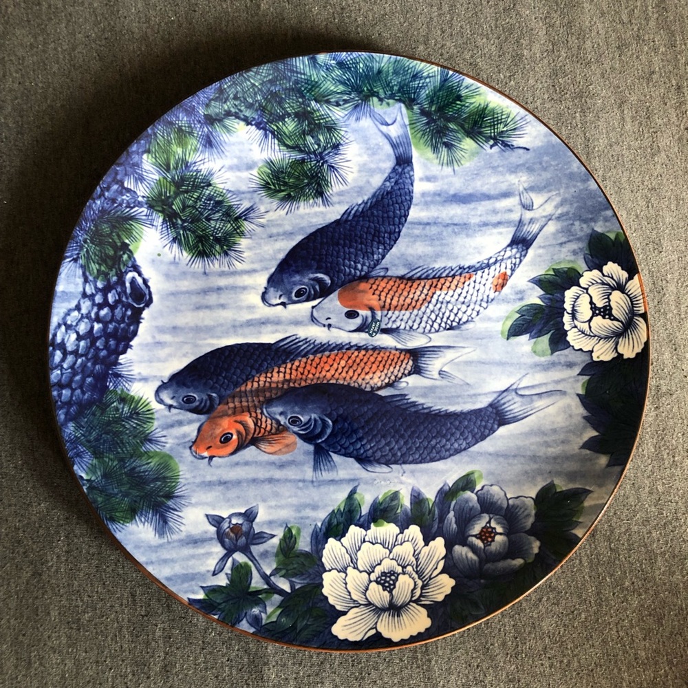 Vintage Japanese Plate with Koi, Lotus, and Pine
